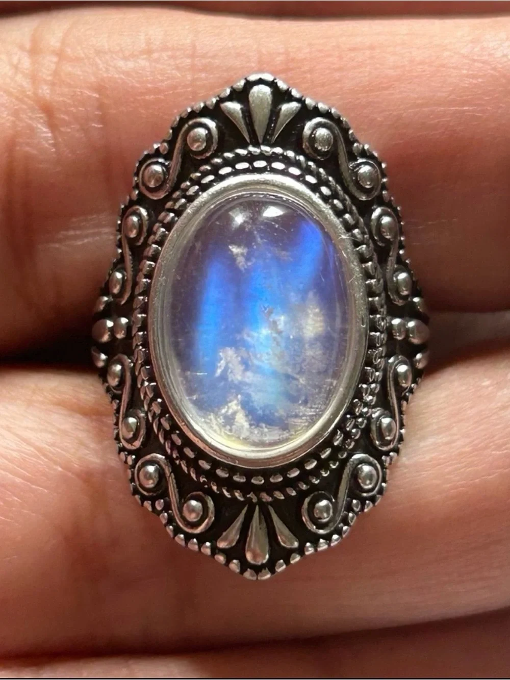 Sterling Silver Moonstone Crystal S925 Statement Ring - Blue Flash Size 7